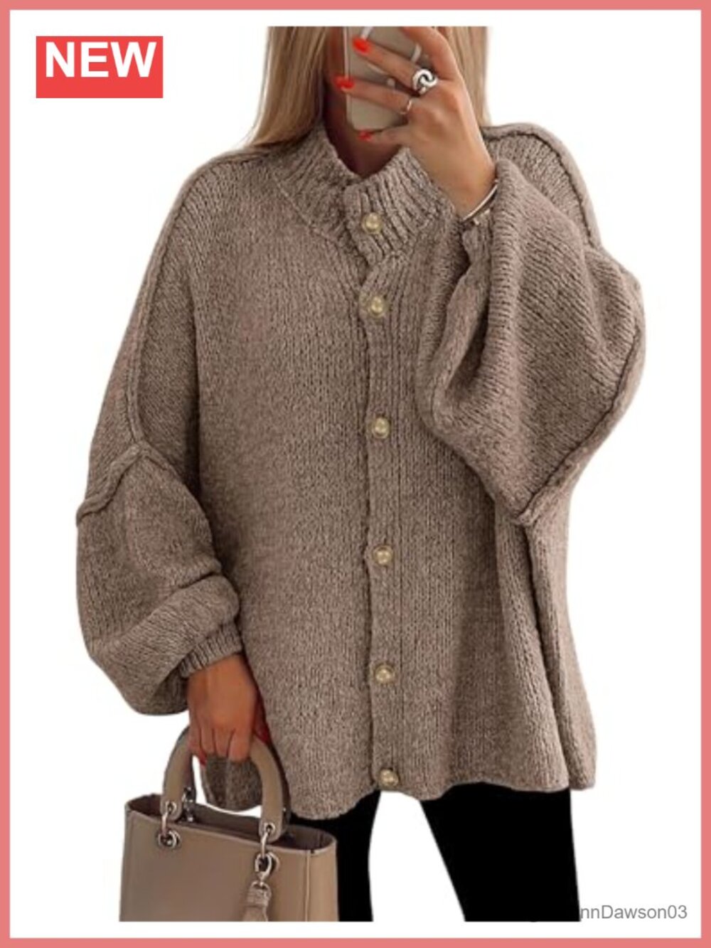 Oversized Chunky Knit Button Down Cardigan Sweater Mock Neck Lantern Sleeve